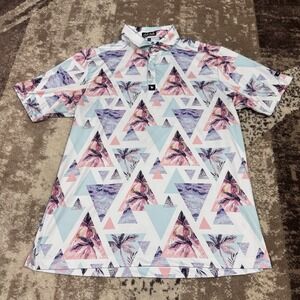 Bad Birdie Golf Polo Shirt Large Tropical Palm Tree Colorful All Over Print SS